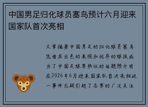 中国男足归化球员塞鸟预计六月迎来国家队首次亮相