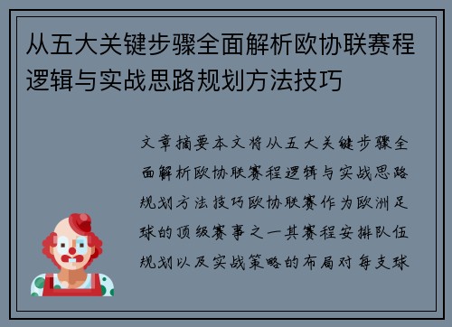 从五大关键步骤全面解析欧协联赛程逻辑与实战思路规划方法技巧